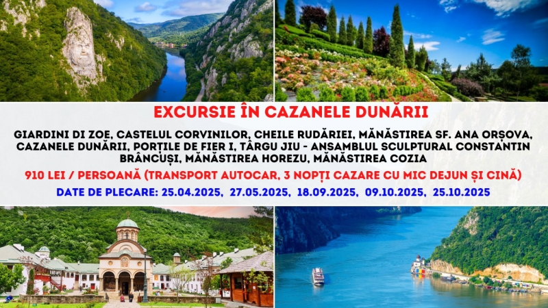 Excursie  in Cazanele Dunarii - 910 lei / persoana (transport autocar, 3 nopti cazare cu mic dejun si cina)
